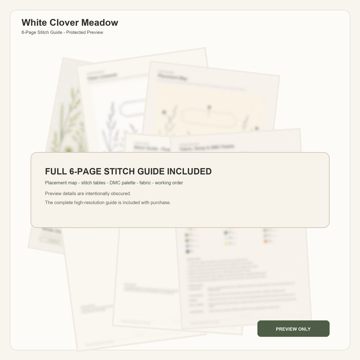 White Clover Meadow protected six-page stitch guide overview with intentionally obscured technical details