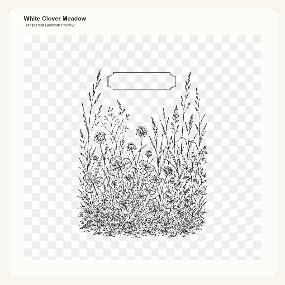 White Clover Meadow transparent linework PNG preview for embroidery pattern transfer