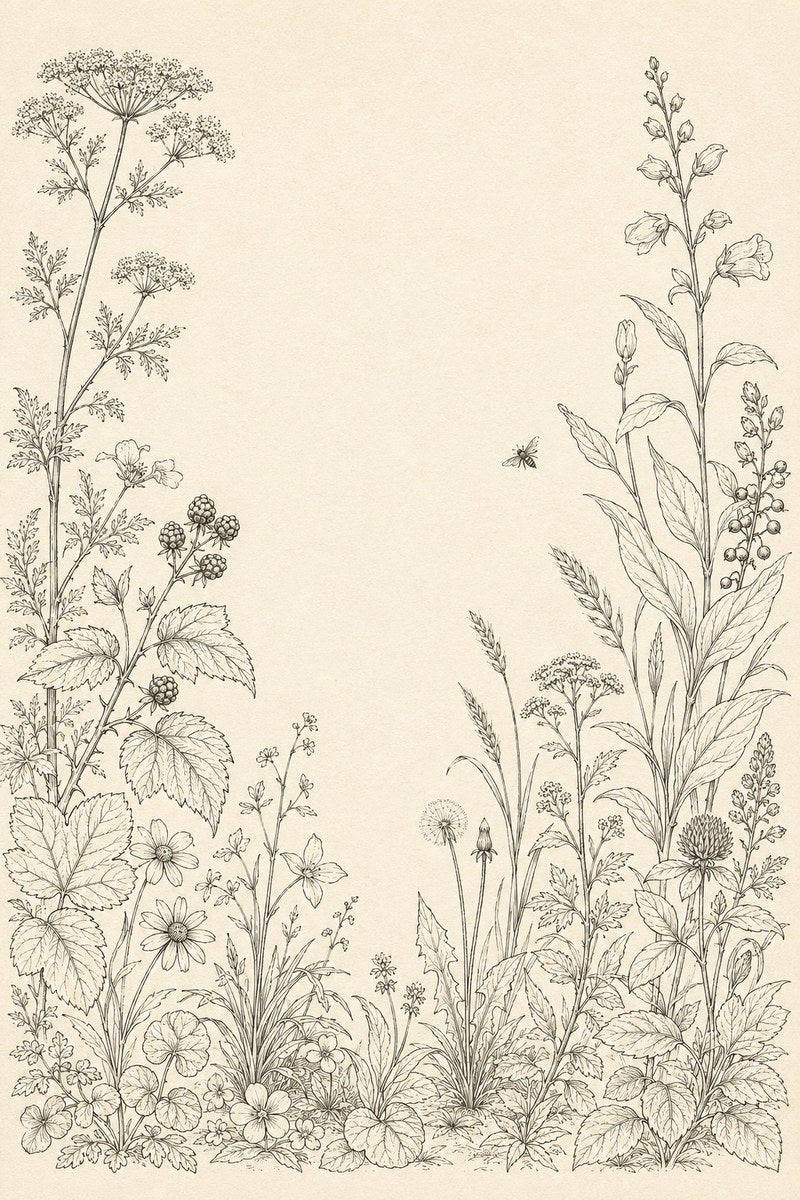 Wild Meadow Border original botanical drawing and hand embroidery pattern reference