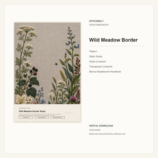 Wild Meadow Border hand embroidery pattern and stitch guide digital cover preview