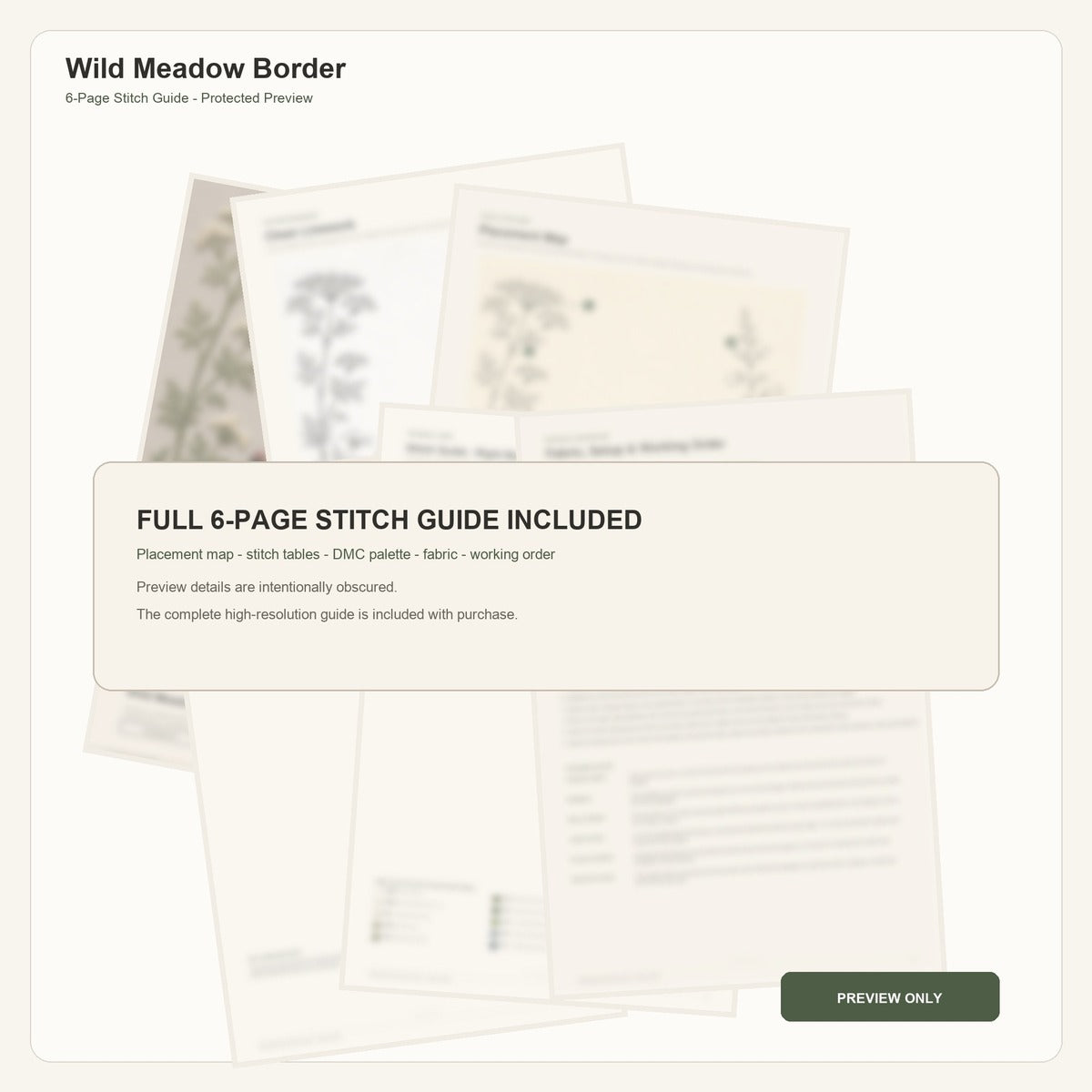 Wild Meadow Border protected six-page stitch guide overview with intentionally obscured technical details