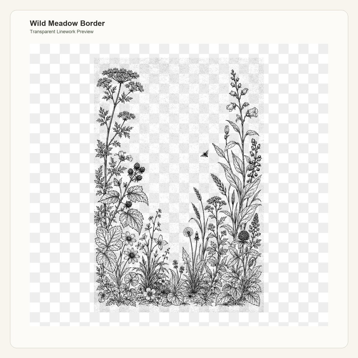 Wild Meadow Border transparent linework PNG preview for embroidery pattern transfer