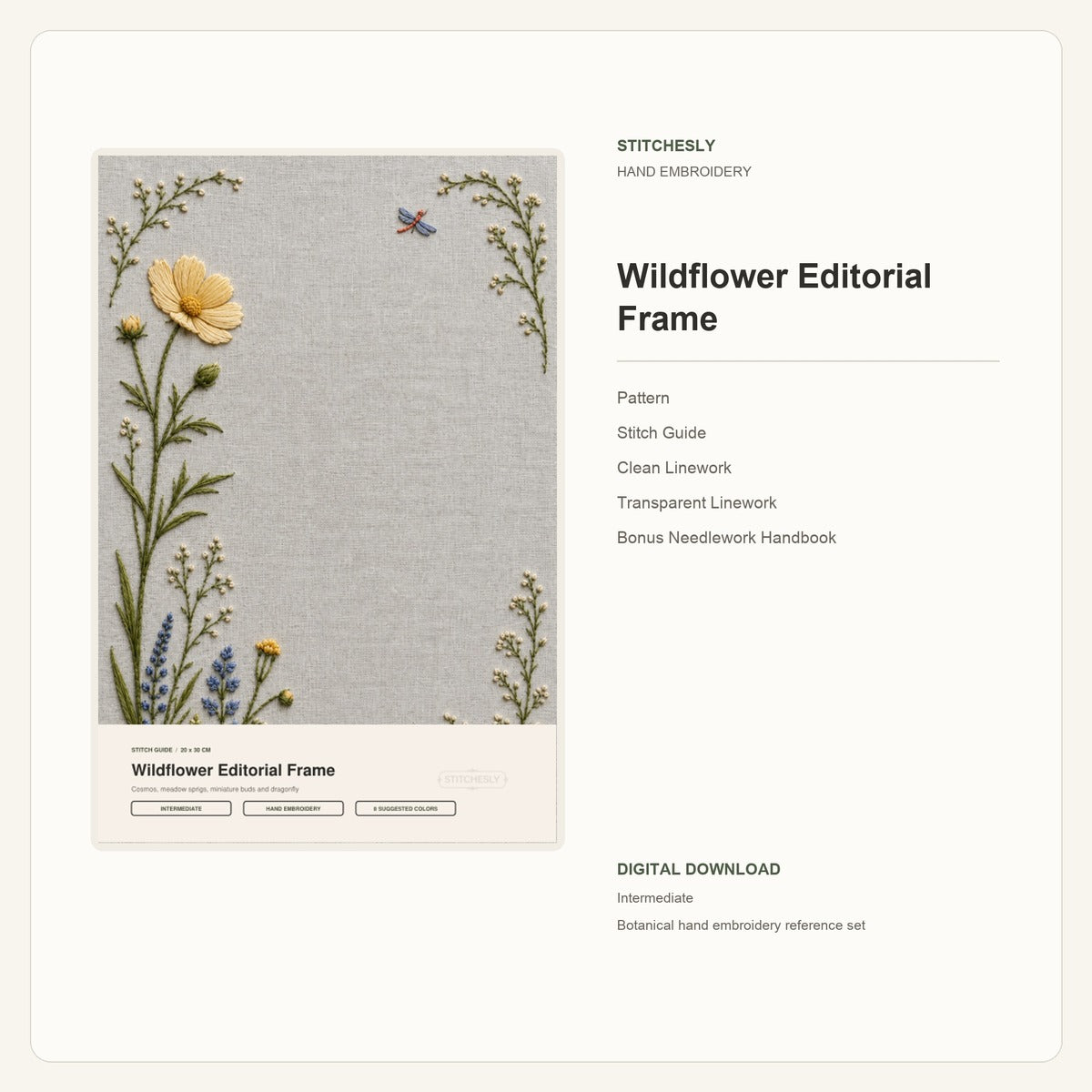 Wildflower Editorial Frame hand embroidery pattern and stitch guide digital cover preview