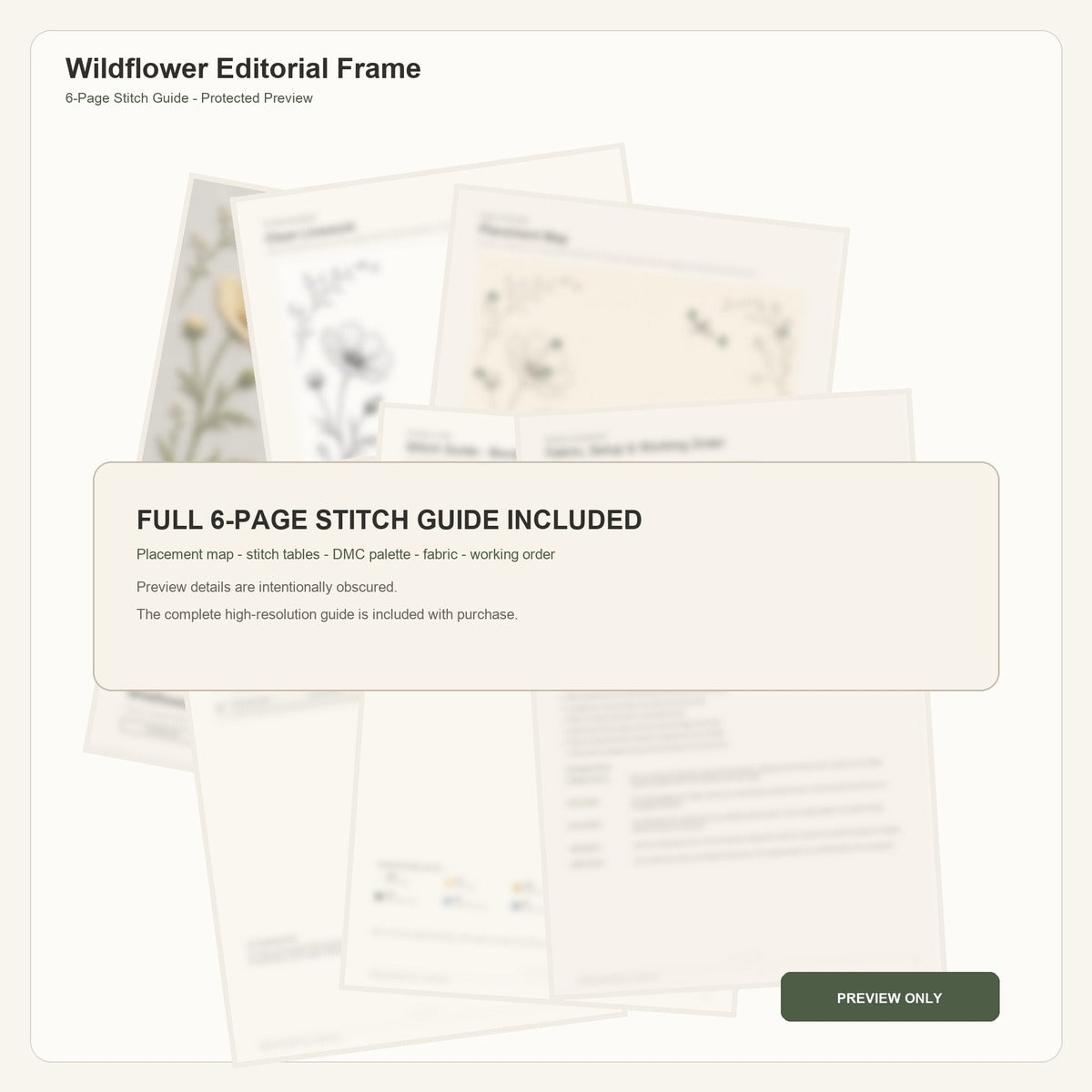 Wildflower Editorial Frame protected six-page stitch guide overview with intentionally obscured technical details