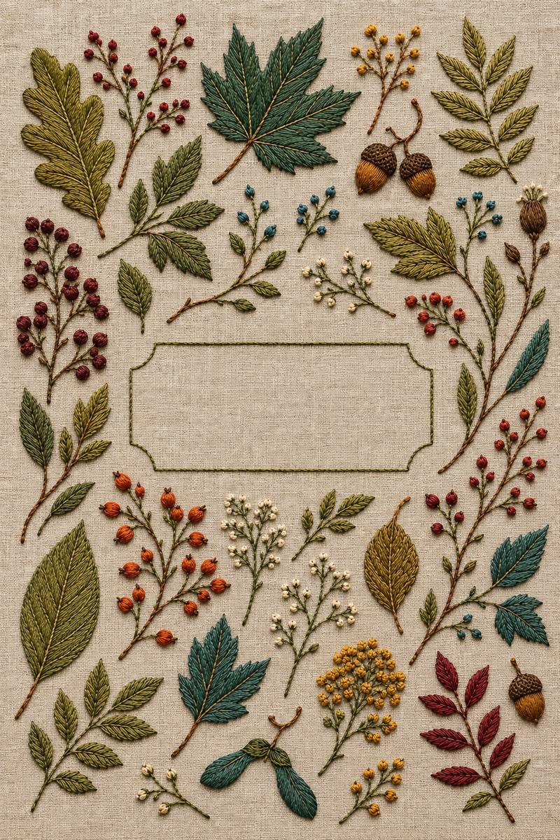 Autumn Botanical Label Frame finished embroidery reference included in Woodland, Bellflower & Night Garden