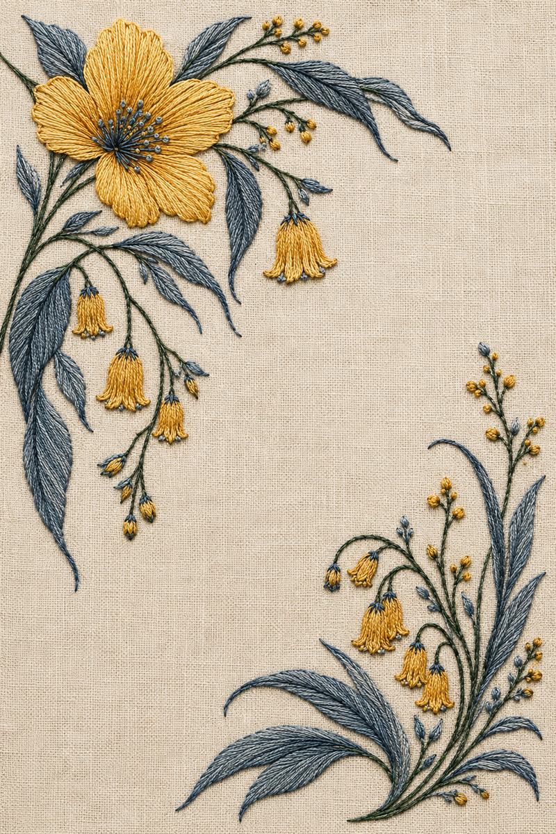 Golden Bellflower Corners finished embroidery reference included in Woodland, Bellflower & Night Garden