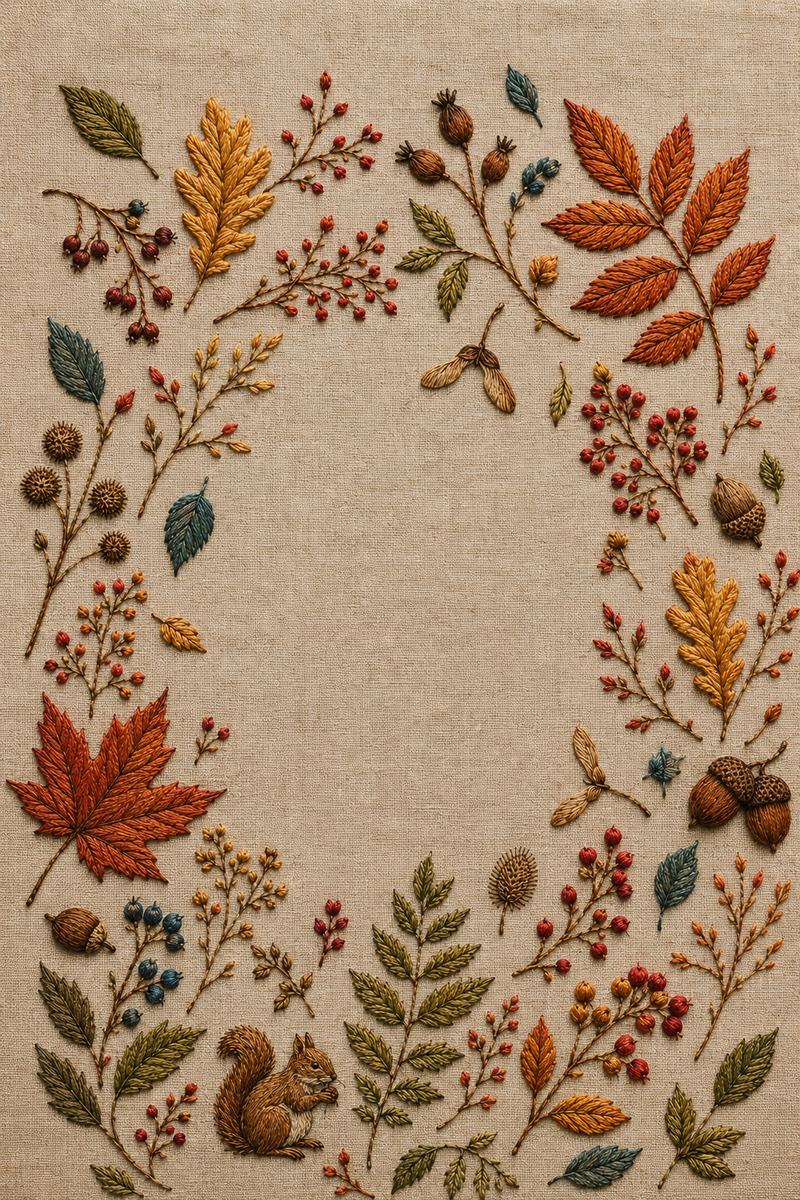 Autumn Woodland Frame finished embroidery reference included in Woodland, Bellflower & Night Garden