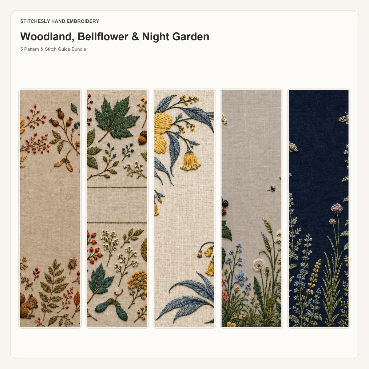 Woodland, Bellflower & Night Garden 5 hand embroidery pattern bundle cover