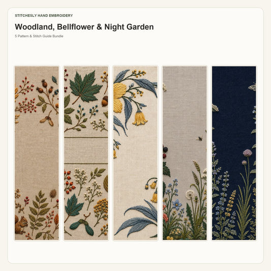 Woodland, Bellflower & Night Garden 5 hand embroidery pattern bundle cover