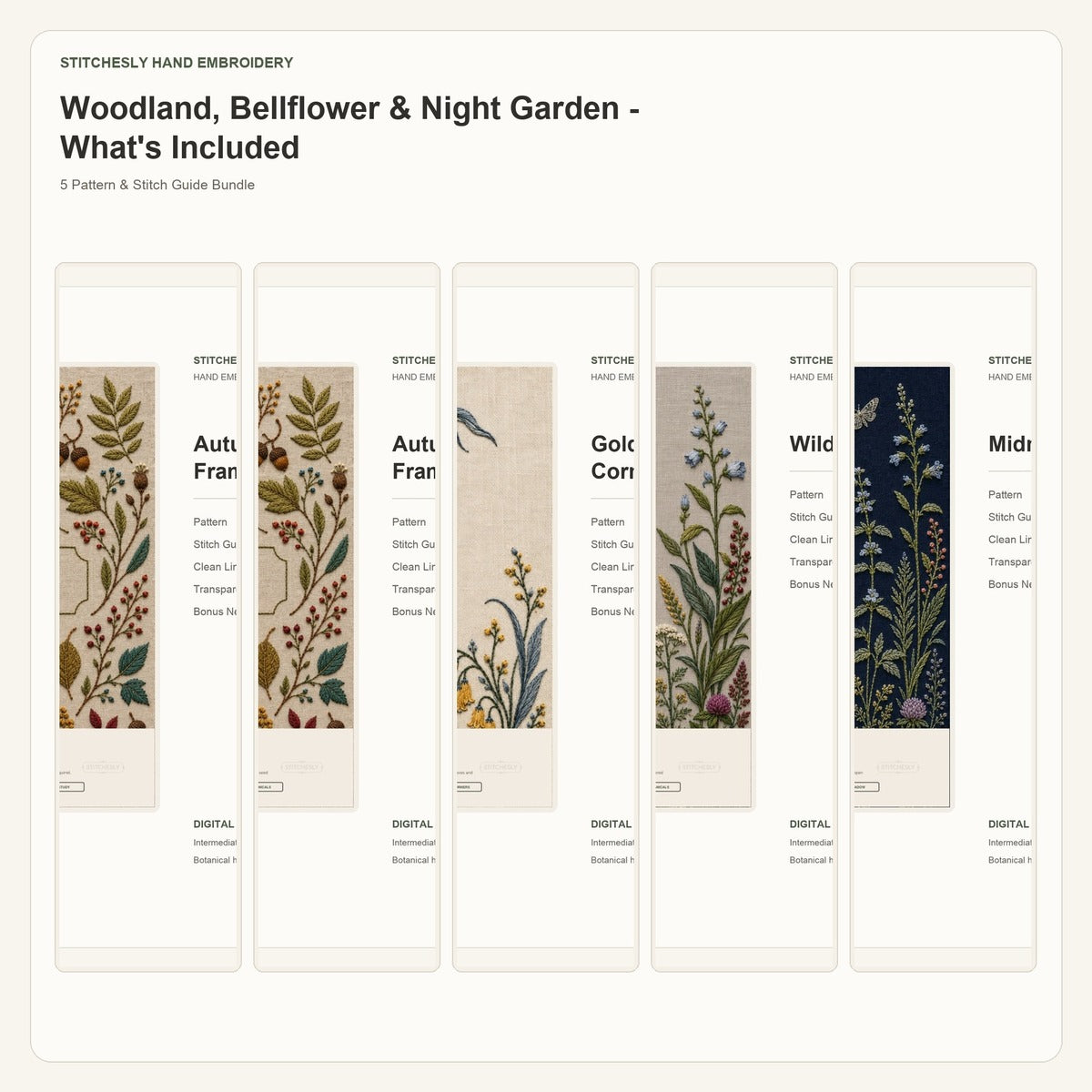 Woodland, Bellflower & Night Garden included hand embroidery designs overview