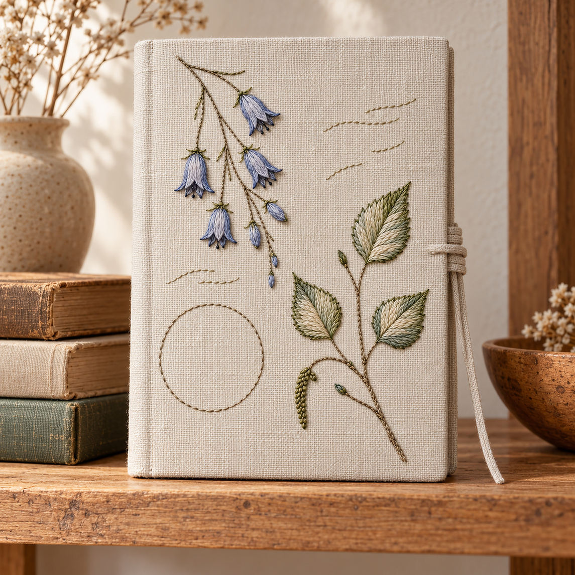 Linen notebook cover mockup featuring the Harebell and Birch Leaf hand embroidery design. Harebell and Birch Leaf is a hand embroidery pattern that pairs bell-shaped flowers with broader woodland foliage.