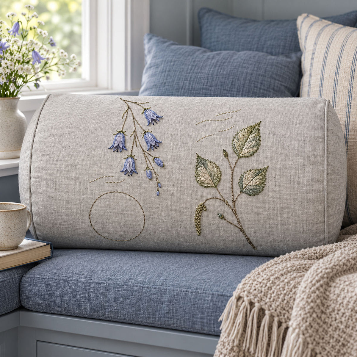 Long linen cushion mockup featuring the Harebell and Birch Leaf hand embroidery design. Harebell and Birch Leaf is a hand embroidery pattern that pairs bell-shaped flowers with broader woodland foliage.