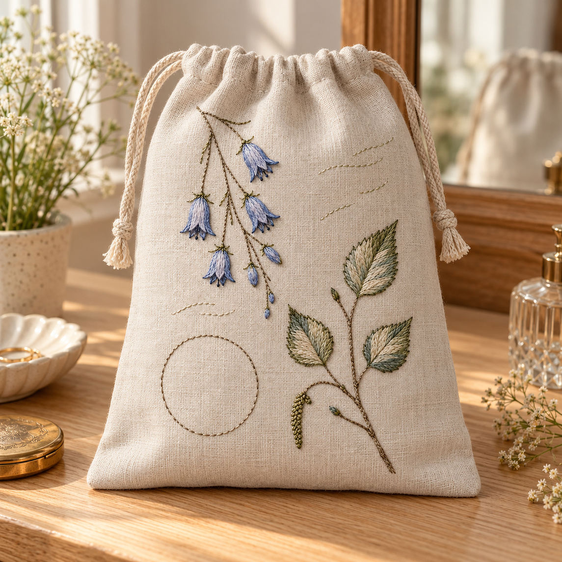 Linen drawstring bag mockup featuring the Harebell and Birch Leaf hand embroidery design. Harebell and Birch Leaf is a hand embroidery pattern that pairs bell-shaped flowers with broader woodland foliage.