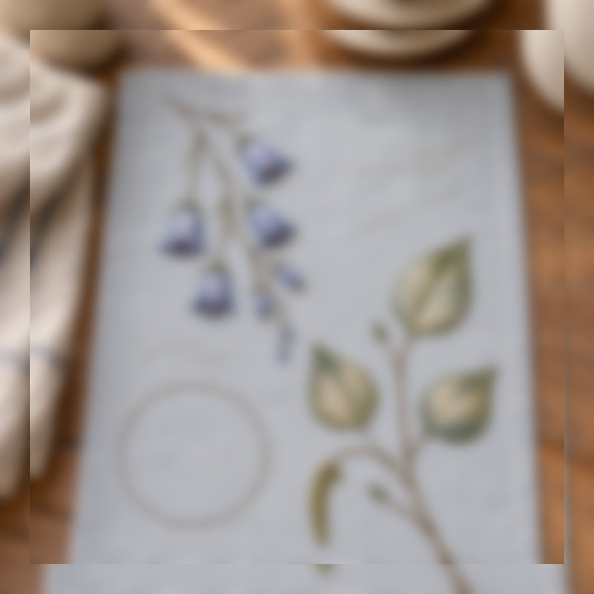 Close view of blue bellflowers mockup featuring the Harebell and Birch Leaf hand embroidery design. Harebell and Birch Leaf is a hand embroidery pattern that pairs bell-shaped flowers with broader woodland foliage.