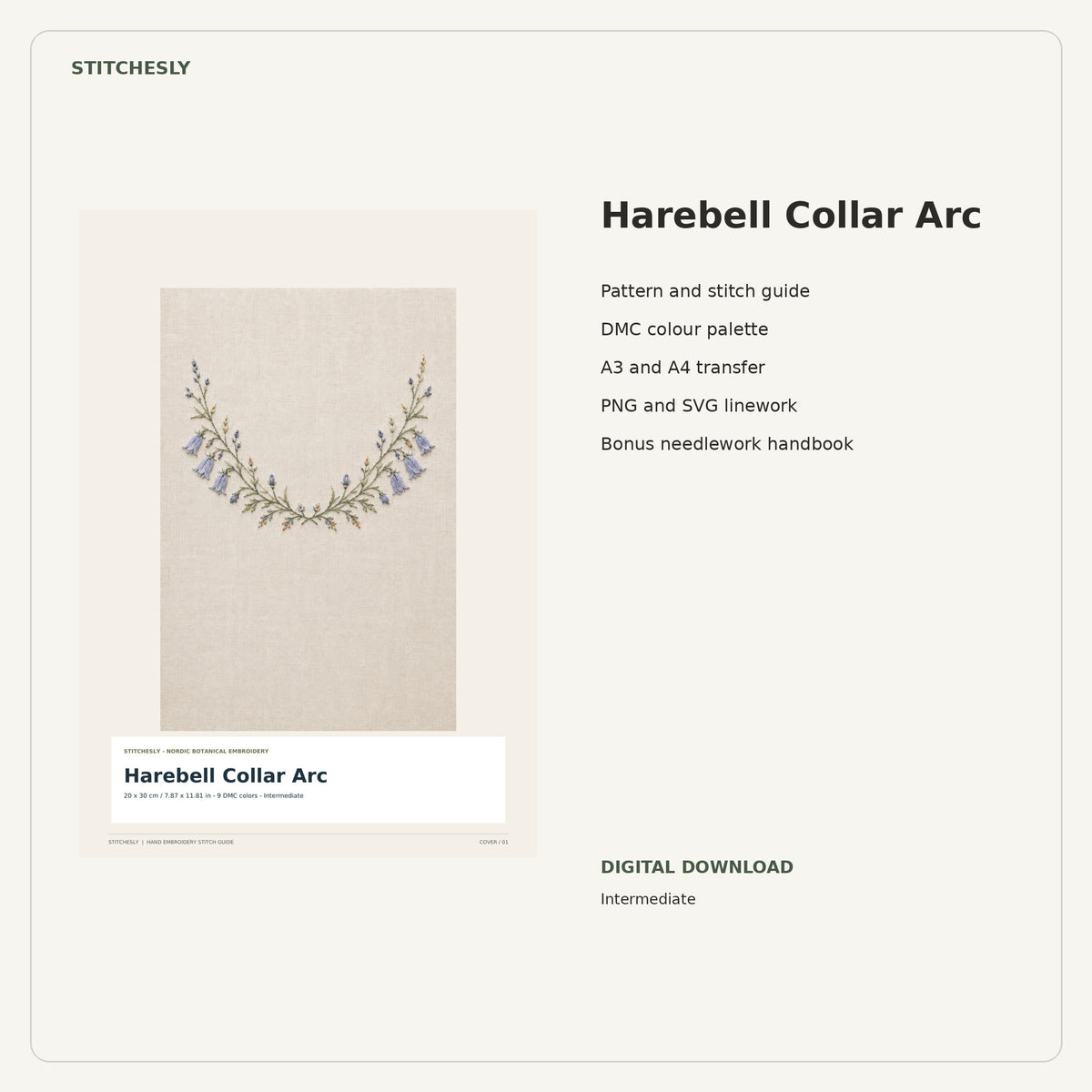 Harebell Collar Arc PDF stitch guide cover, pattern files and bonus needlework handbook.