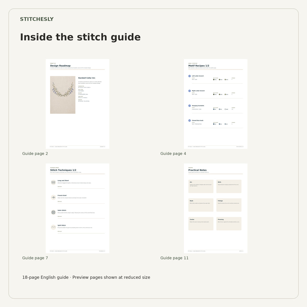 Four reduced-size preview pages from the 18-page Harebell Collar Arc stitch guide.