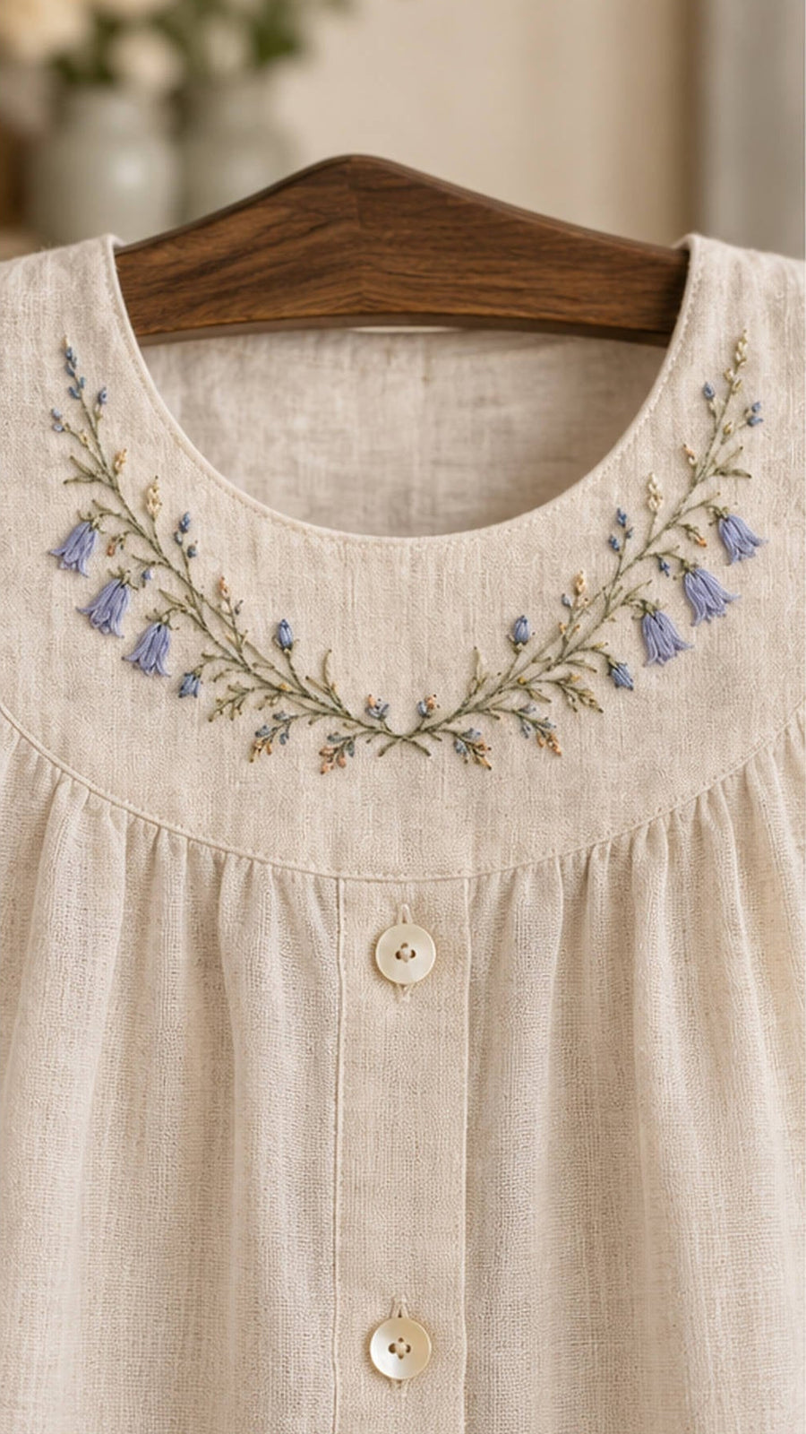 Linen blouse neckline mockup featuring the Harebell Collar Arc hand embroidery design. Blue harebells, buds and fine foliage follow a shallow collar arc.