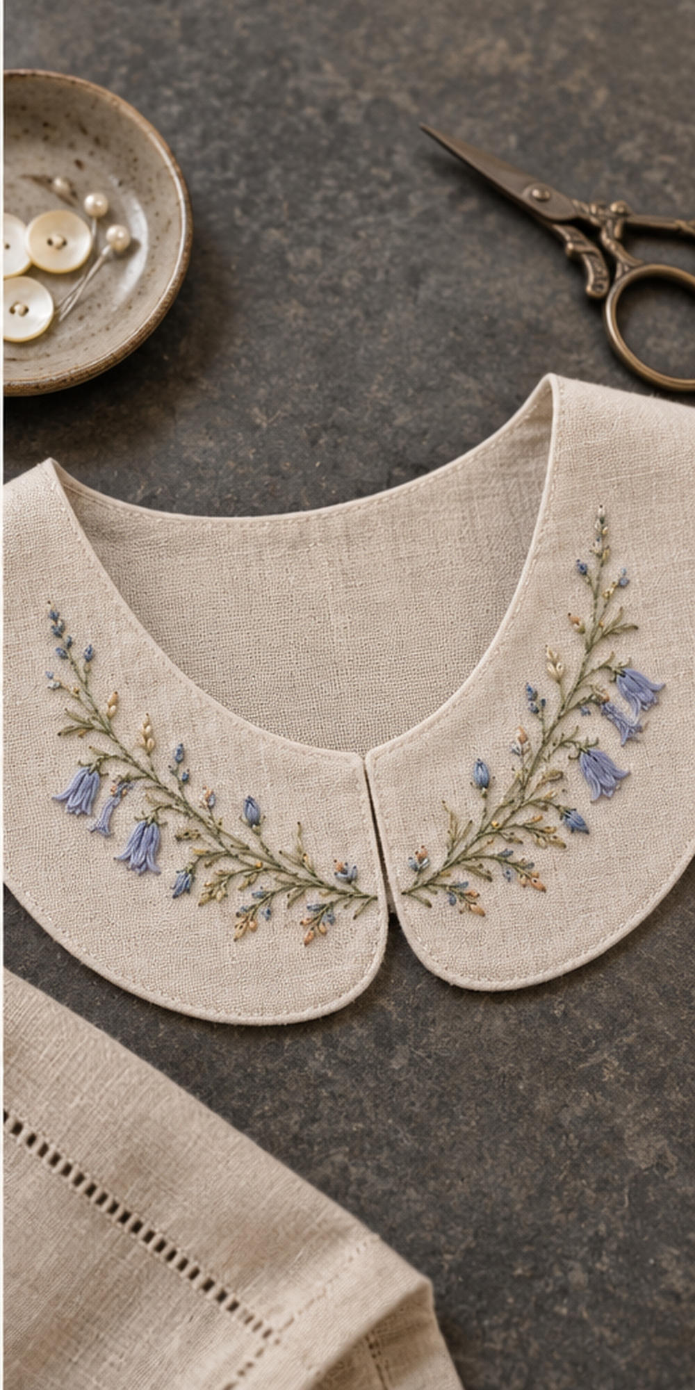 Linen collar laid flat mockup featuring the Harebell Collar Arc hand embroidery design. Blue harebells, buds and fine foliage follow a shallow collar arc.
