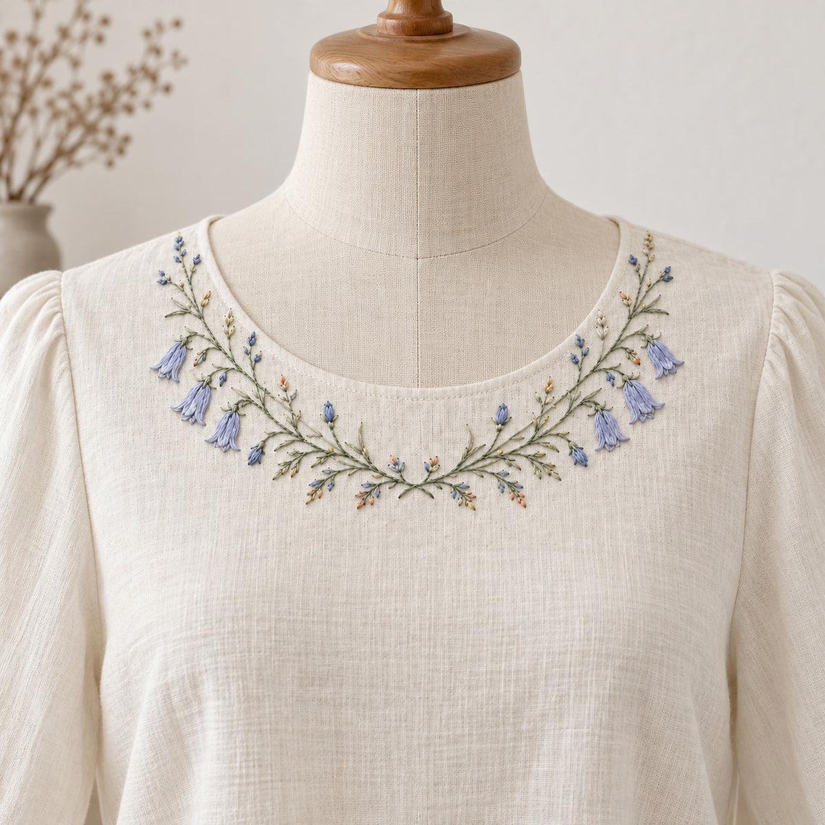 Linen blouse on a mannequin mockup featuring the Harebell Collar Arc hand embroidery design. Blue harebells, buds and fine foliage follow a shallow collar arc.
