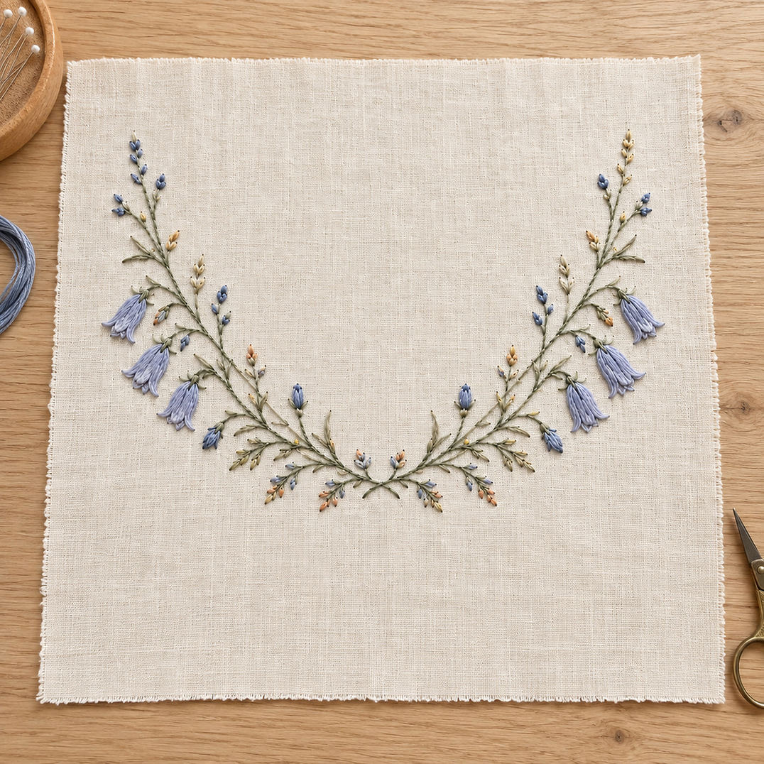 Linen notebook cover mockup featuring the Harebell Collar Arc hand embroidery design. Blue harebells, buds and fine foliage follow a shallow collar arc.
