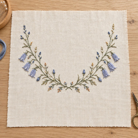 Linen notebook cover mockup featuring the Harebell Collar Arc hand embroidery design. Blue harebells, buds and fine foliage follow a shallow collar arc.