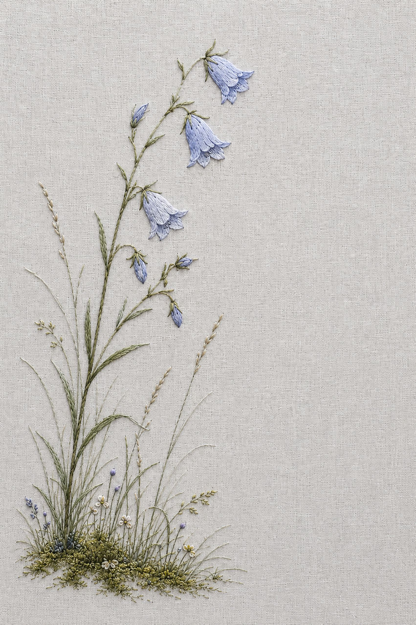 Illustrative embroidery design: A harebell hand embroidery pattern with pale blue bells on slender stems and a small mossy meadow below.