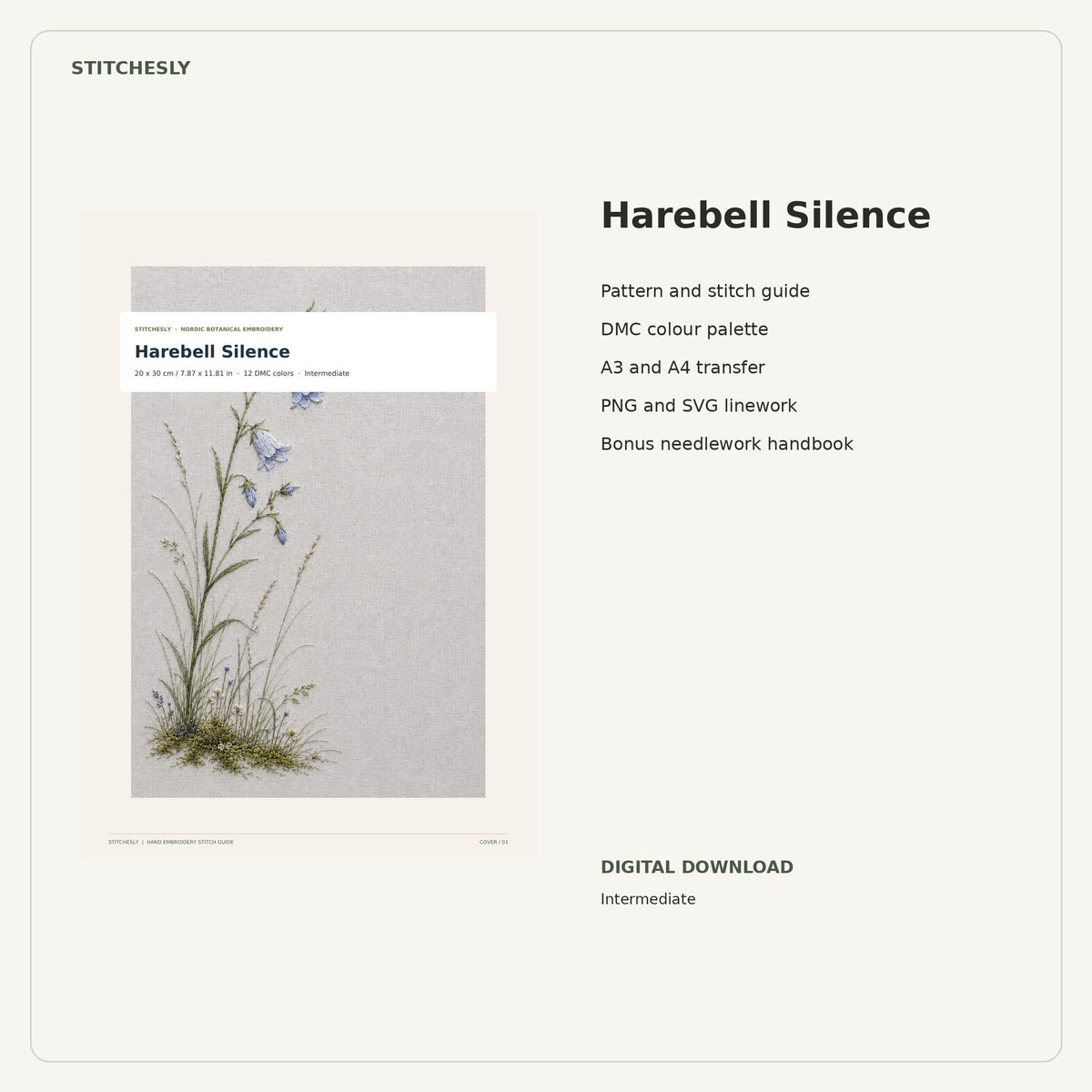Harebell Silence PDF stitch guide cover, pattern files and bonus needlework handbook.
