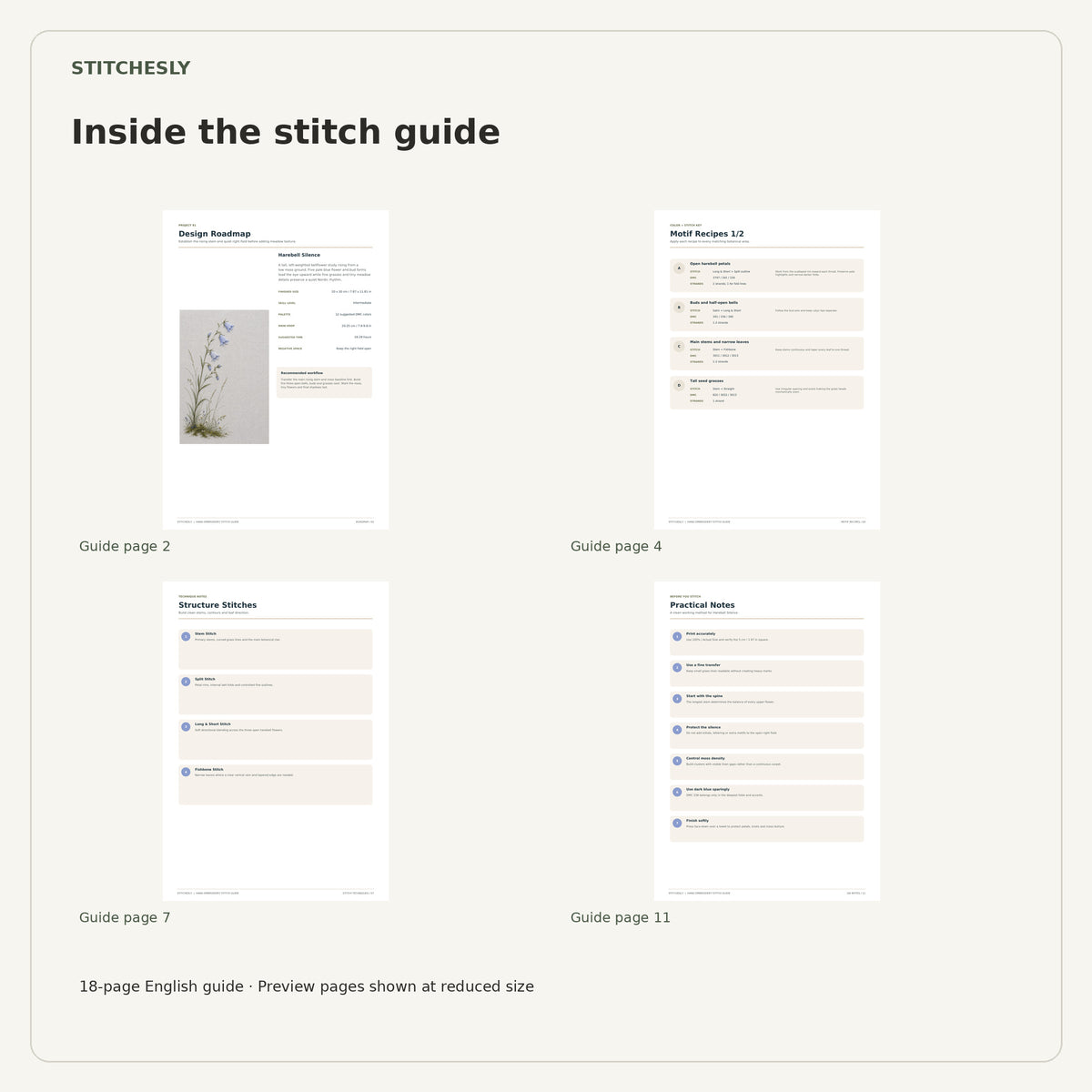 Four reduced-size preview pages from the 18-page Harebell Silence stitch guide.