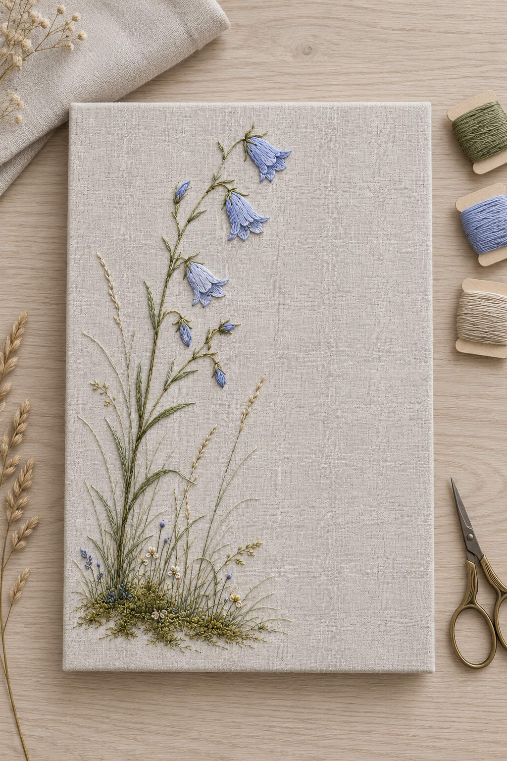 Linen flat lay mockup featuring the Harebell Silence hand embroidery design. A harebell hand embroidery pattern with pale blue bells on slender stems and a small mossy meadow below.