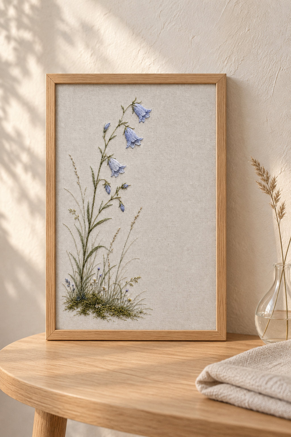 Framed textile on a table mockup featuring the Harebell Silence hand embroidery design. A harebell hand embroidery pattern with pale blue bells on slender stems and a small mossy meadow below.