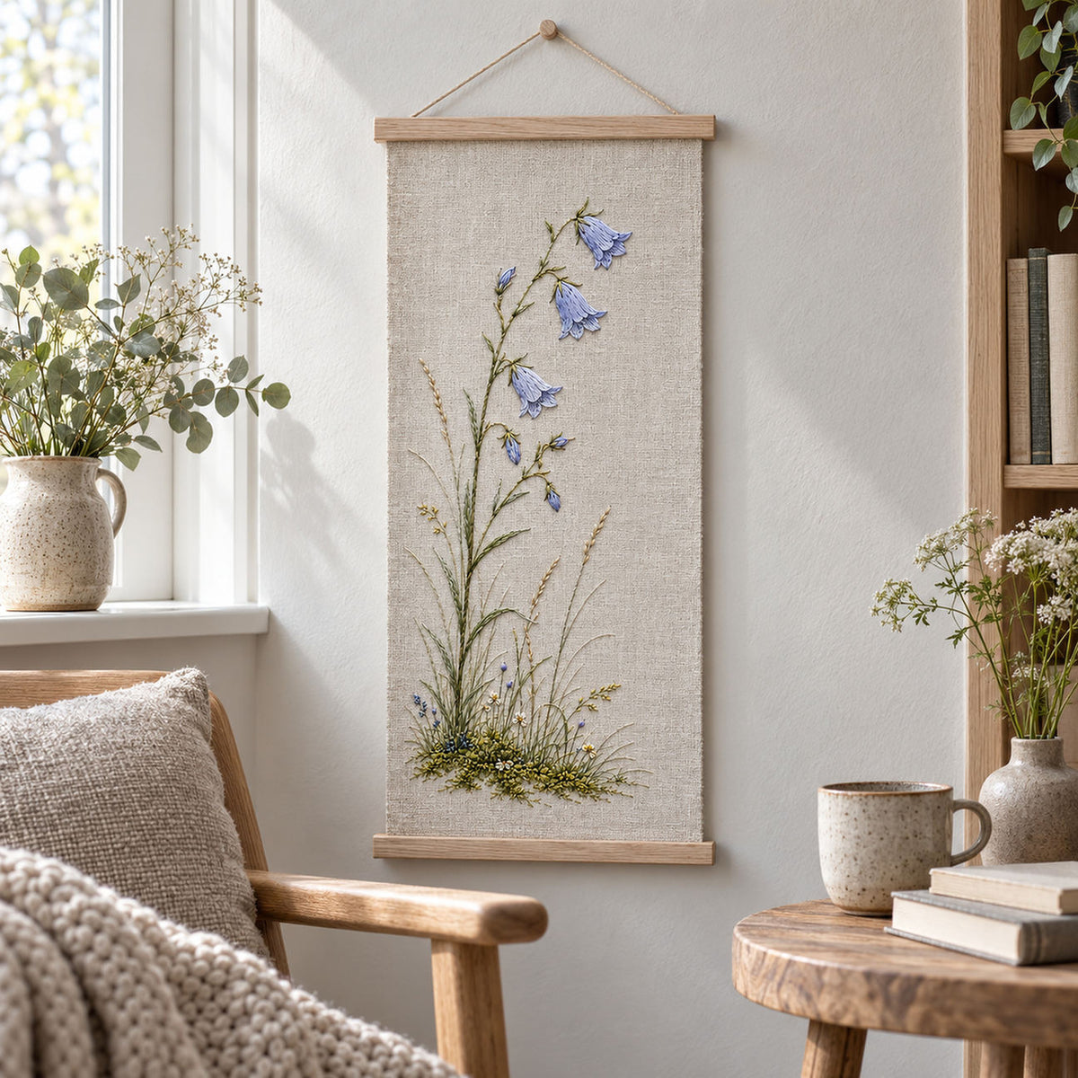 Hanging linen panel mockup featuring the Harebell Silence hand embroidery design. A harebell hand embroidery pattern with pale blue bells on slender stems and a small mossy meadow below.