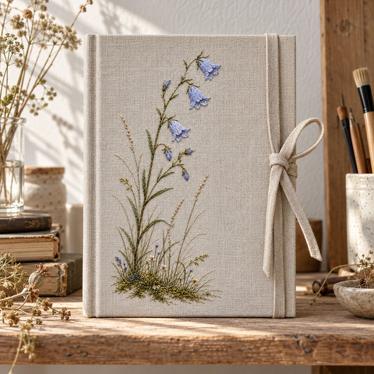 Framed linen by a window mockup featuring the Harebell Silence hand embroidery design. A harebell hand embroidery pattern with pale blue bells on slender stems and a small mossy meadow below.