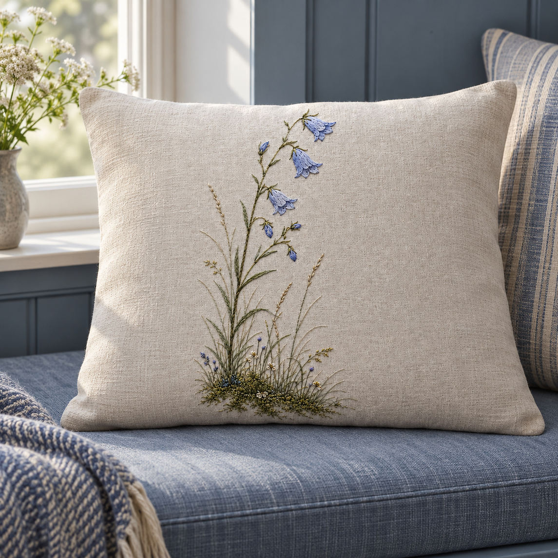 Cushion on a chair mockup featuring the Harebell Silence hand embroidery design. A harebell hand embroidery pattern with pale blue bells on slender stems and a small mossy meadow below.