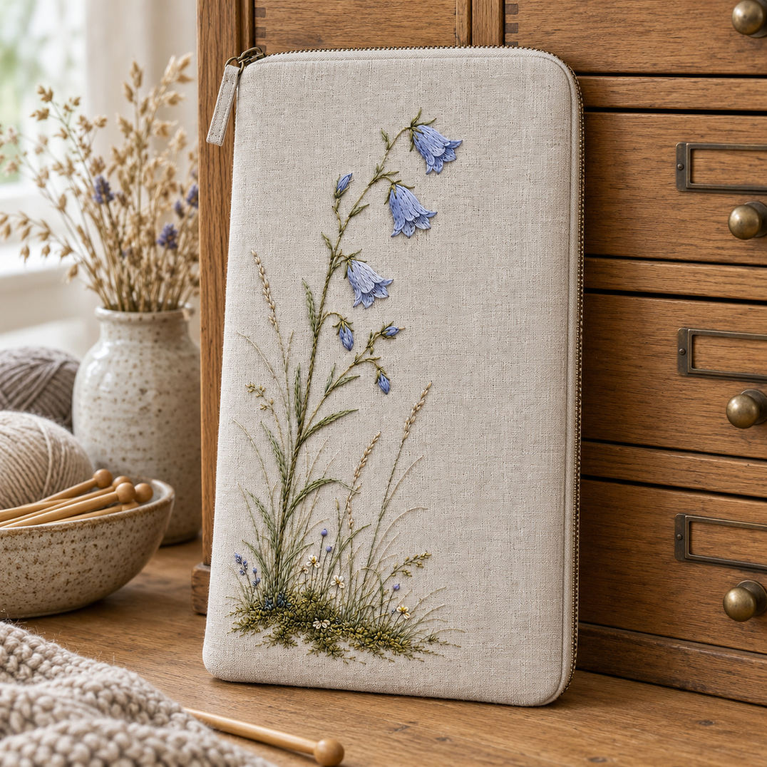 Framed textile beside drawers mockup featuring the Harebell Silence hand embroidery design. A harebell hand embroidery pattern with pale blue bells on slender stems and a small mossy meadow below.