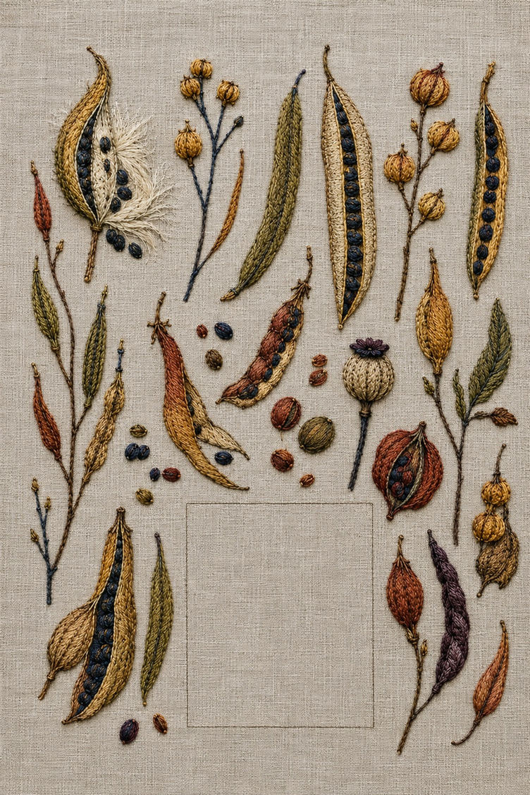 Illustrative embroidery design: Pea pods, capsules, burrs and loose seeds make up Harvest Pod Archive.