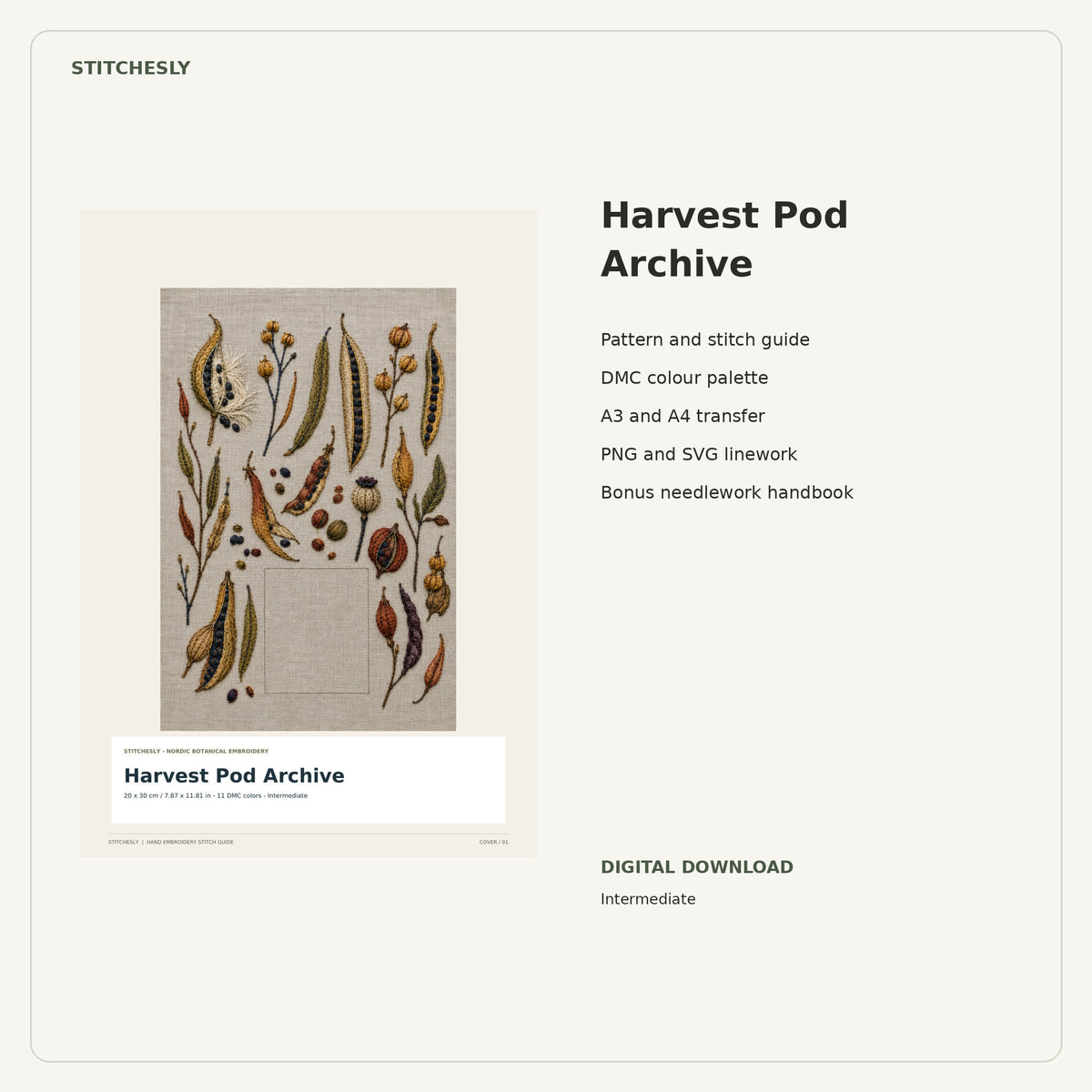 Harvest Pod Archive PDF stitch guide cover, pattern files and bonus needlework handbook.