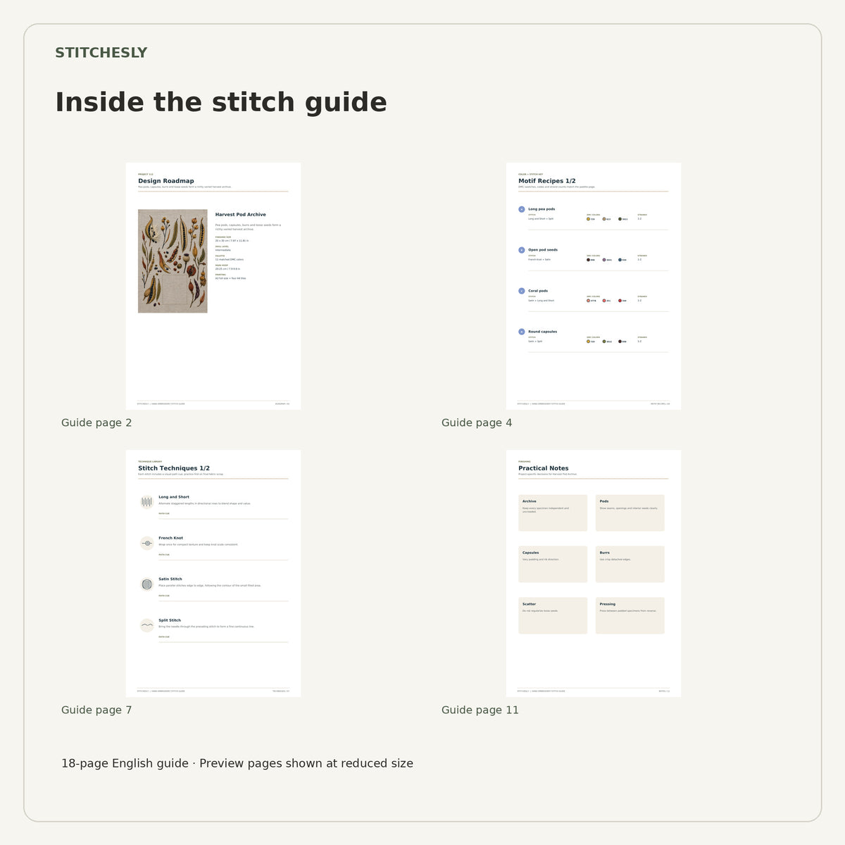 Four reduced-size preview pages from the 18-page Harvest Pod Archive stitch guide.