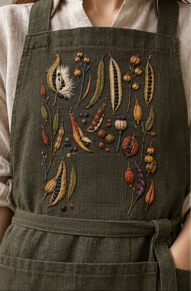 Green linen jacket mockup featuring the Harvest Pod Archive hand embroidery design. Pea pods, capsules, burrs and loose seeds make up Harvest Pod Archive.