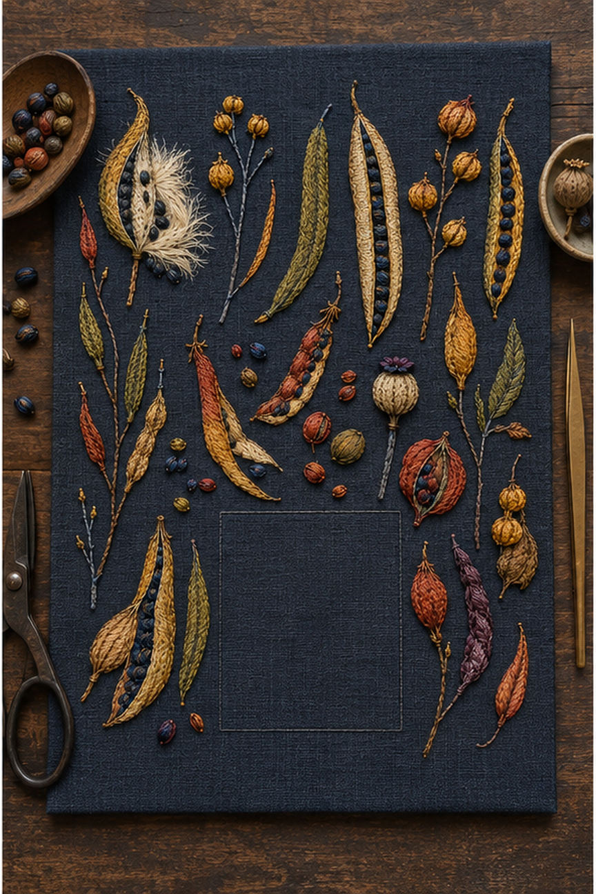 Dark botanical textile flat lay mockup featuring the Harvest Pod Archive hand embroidery design. Pea pods, capsules, burrs and loose seeds make up Harvest Pod Archive.