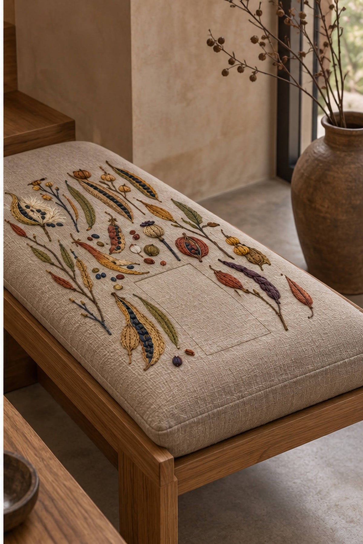 Linen seat cushion mockup featuring the Harvest Pod Archive hand embroidery design. Pea pods, capsules, burrs and loose seeds make up Harvest Pod Archive.