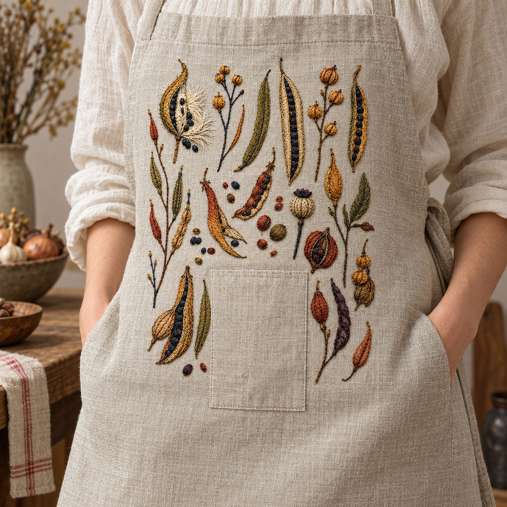 Linen apron mockup featuring the Harvest Pod Archive hand embroidery design. Pea pods, capsules, burrs and loose seeds make up Harvest Pod Archive.