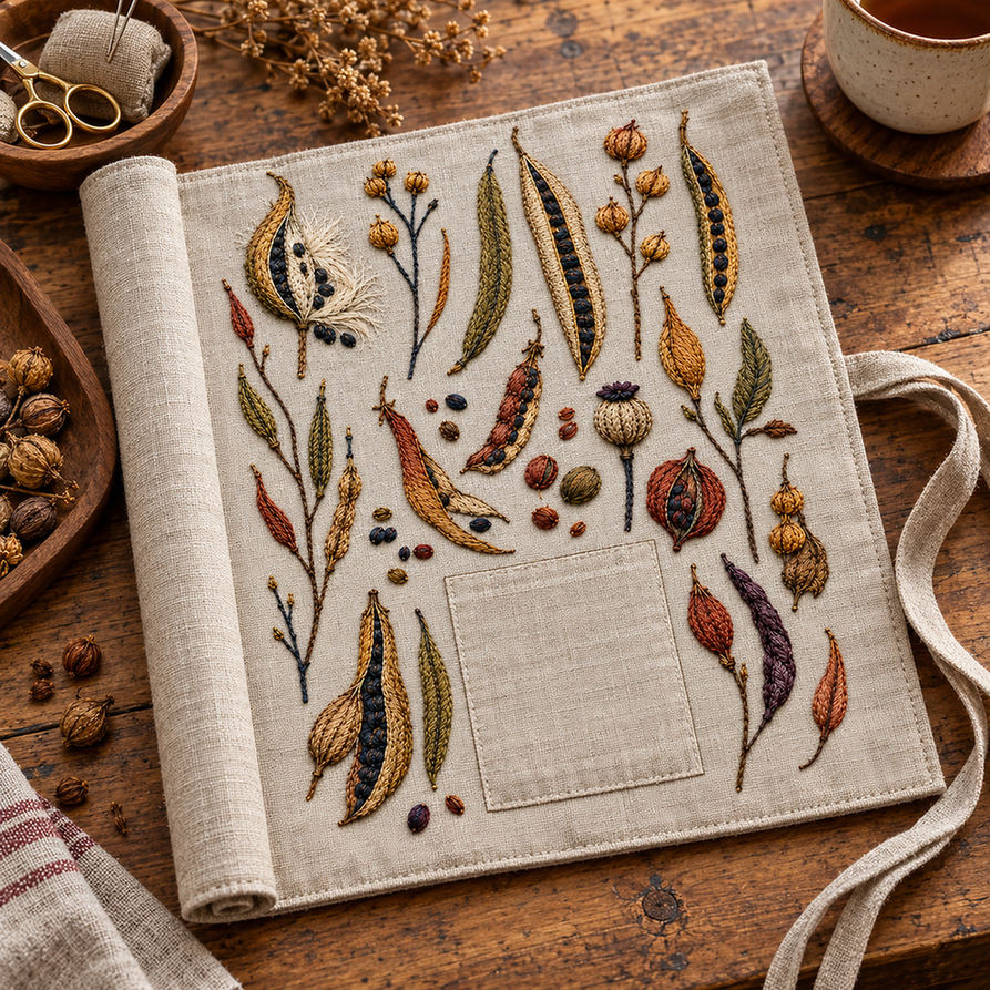 Linen cushion mockup featuring the Harvest Pod Archive hand embroidery design. Pea pods, capsules, burrs and loose seeds make up Harvest Pod Archive.