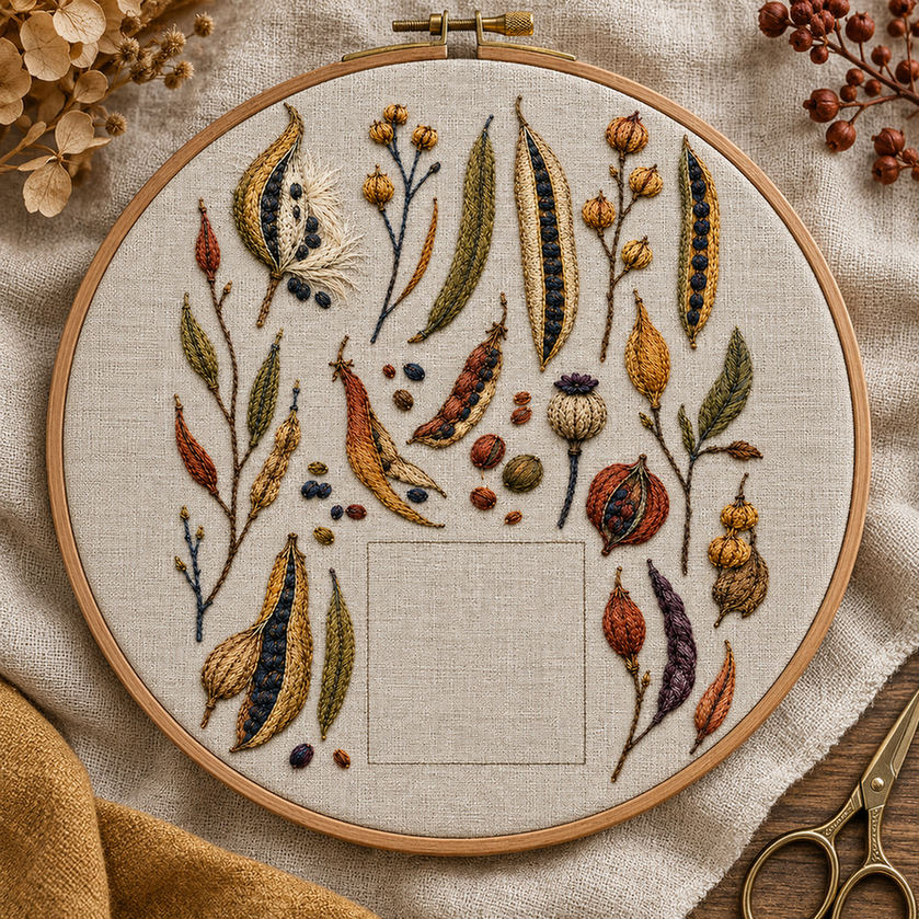 Embroidery hoop mockup featuring the Harvest Pod Archive hand embroidery design. Pea pods, capsules, burrs and loose seeds make up Harvest Pod Archive.