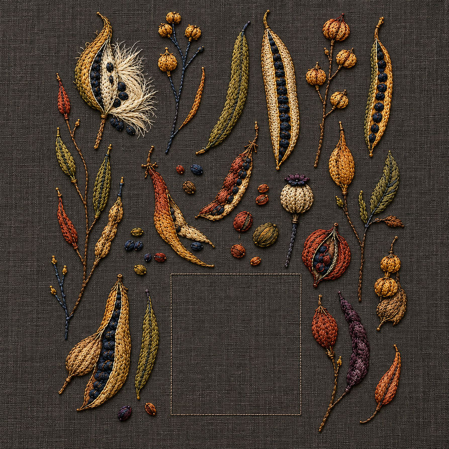 Dark linen botanical panel mockup featuring the Harvest Pod Archive hand embroidery design. Pea pods, capsules, burrs and loose seeds make up Harvest Pod Archive.