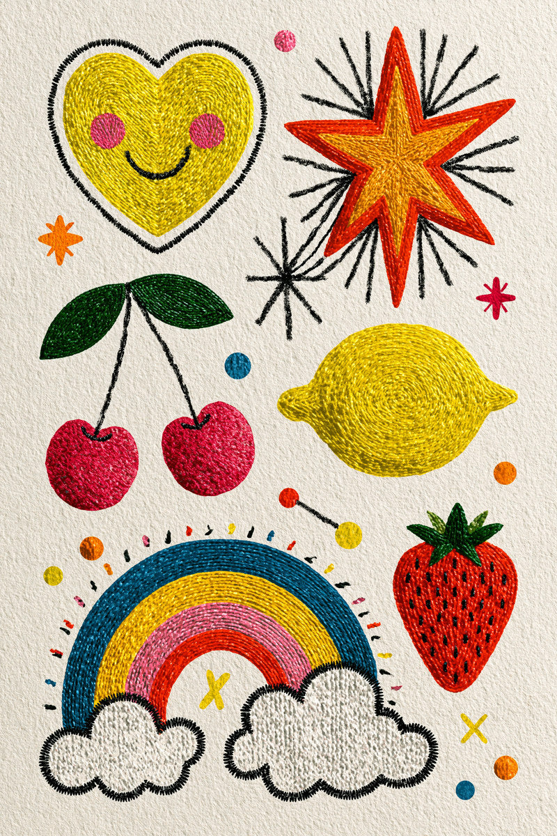 Hearts Stars Fruits And Cheerful from Color Pop Patches & Playful Motifs Book 1, a digital embroidery design reference for machine embroidery designs, embroidery patterns and embroidery design reference.