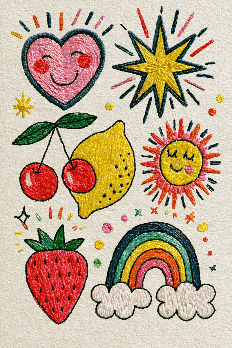 Hearts Stars Fruits And Cheerful from Color Pop Patches & Playful Motifs Book 4, a digital embroidery design reference for machine embroidery designs, embroidery patterns and embroidery design reference.