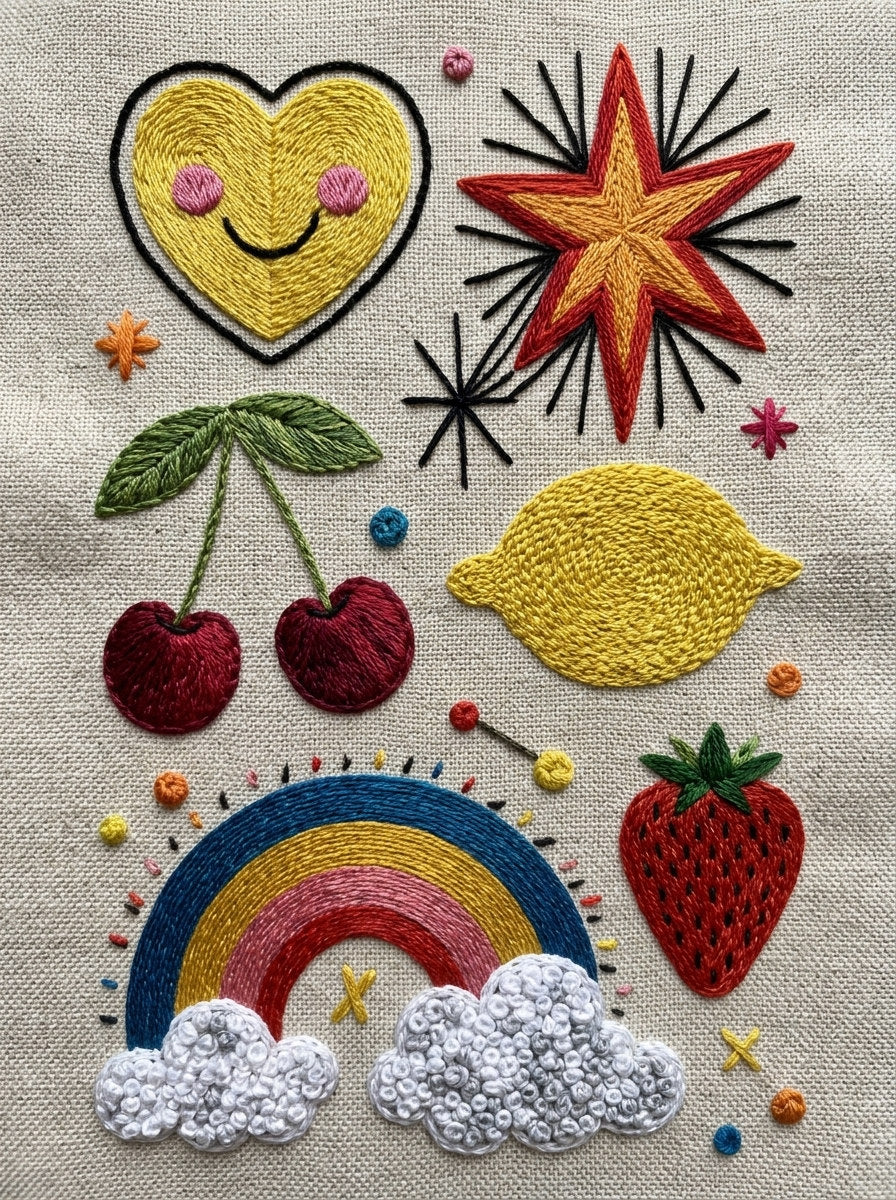 Hearts Stars Fruits And Cheerful from Color Pop Patches & Playful Motifs Book 1, a digital embroidery design reference for machine embroidery designs, embroidery patterns and embroidery design reference.