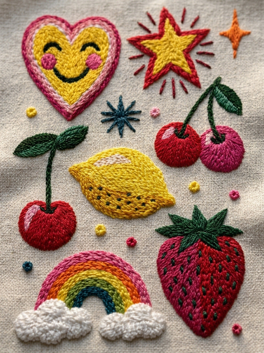 Hearts Stars Fruits And Cheerful from Color Pop Patches & Playful Motifs Book 5, a digital embroidery design reference for machine embroidery designs, embroidery patterns and embroidery design reference.