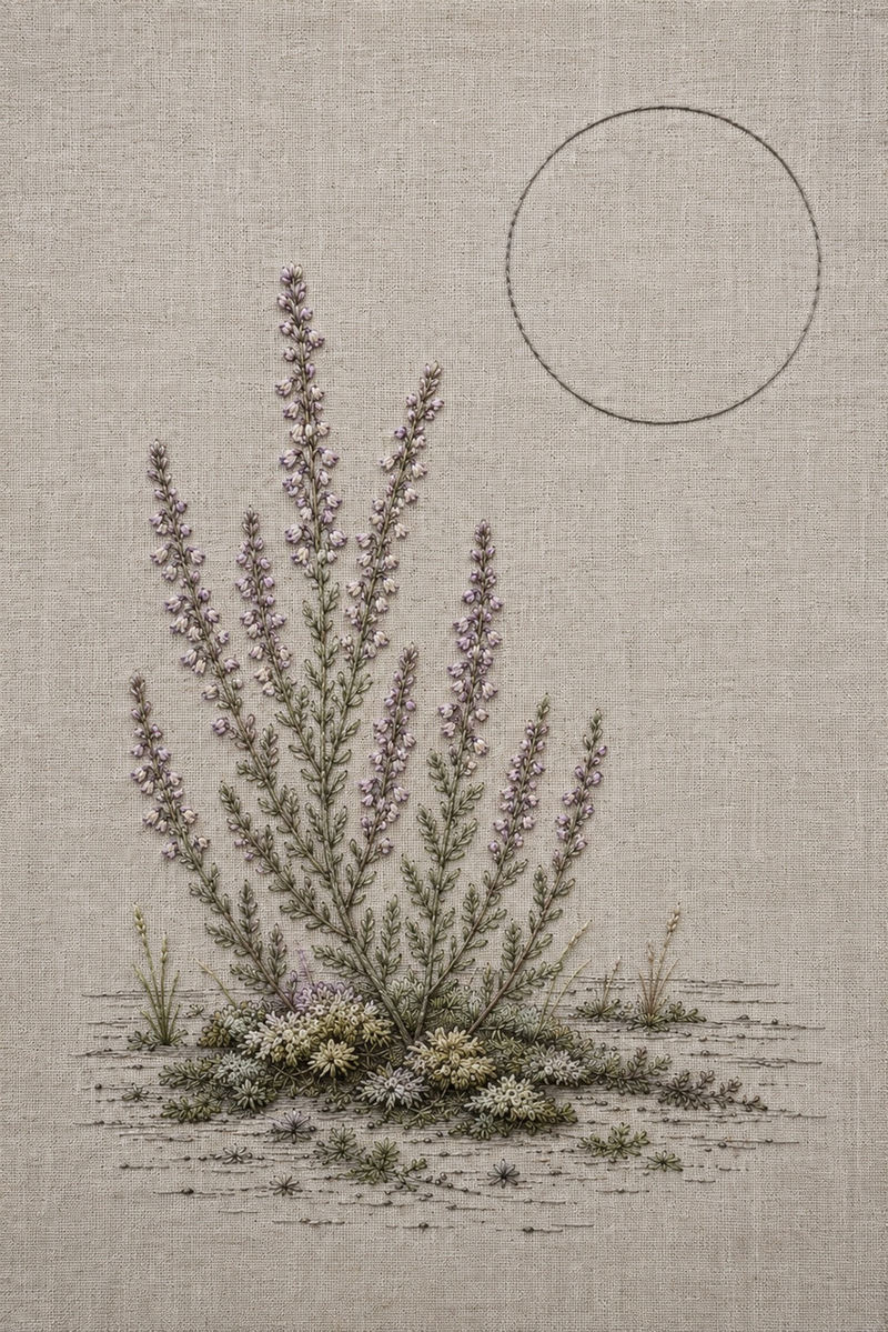 Illustrative embroidery design: Mauve heather rises from a low moss bed, with an unfilled circle above the ground.