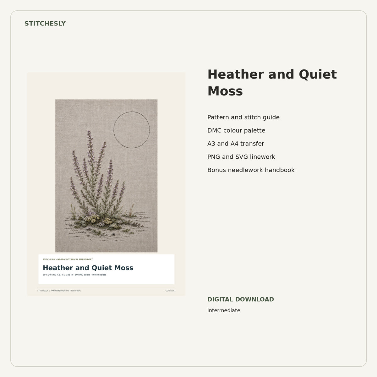 Heather and Quiet Moss PDF stitch guide cover, pattern files and bonus needlework handbook.